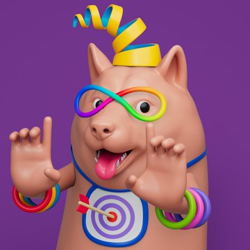 A 3D rendering of a cartoon pink creature with a rainbow party hat, infinity-shaped glasses, and colorful bracelets giving peace signs against a purple background.