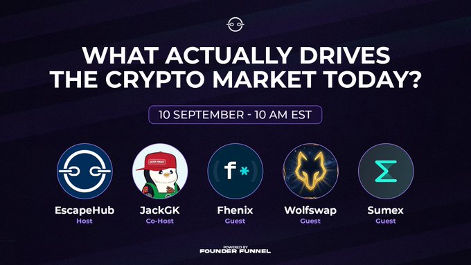 A promotional graphic for a crypto podcast titled 'WHAT ACTUALLY DRIVES THE CRYPTO MARKET TODAY?' on 10 September at 10 AM EST, hosted by EscapeHub and JackGK with guests Fhenix, Wolfswap, and Sumex, hosted by Founder Funnel.