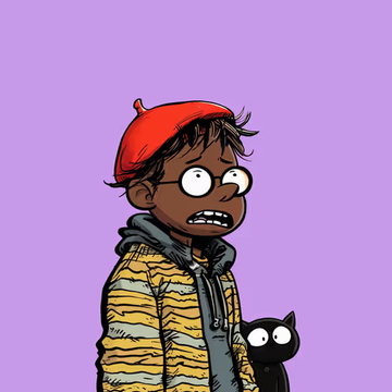 An illustration of a wide-eyed character wearing a red beanie, yellow-striped jacket, and holding a black cat against a purple background.