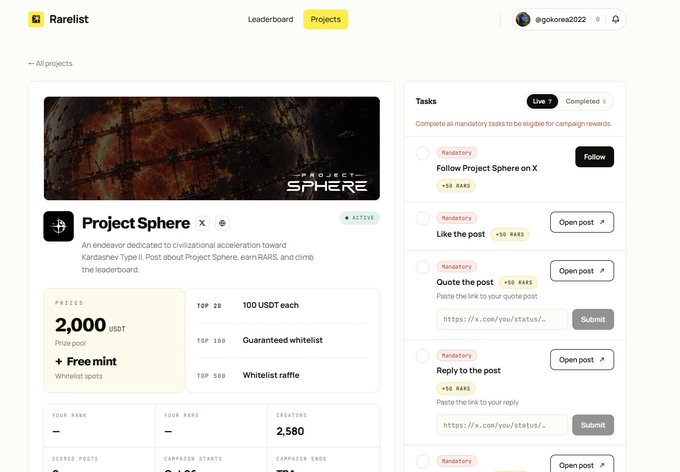 A screenshot of the Rarelist platform showing the 'Project Sphere' campaign with a 2,000 USDT prize pool and a list of mandatory tasks such as following on social media, liking, quoting, and replying to posts.