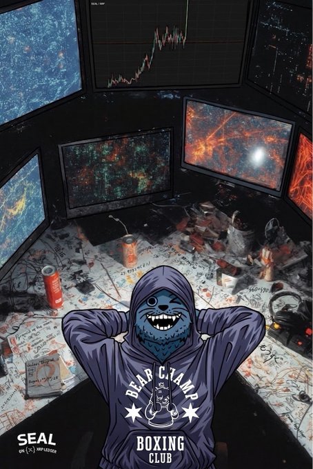 Digital artwork depicts a hooded figure in a 'BEAR CLAMP BOXING CLUB' shirt surrounded by multiple monitors displaying space and financial charts, with 'SEAL ON BSC' NFT logo.