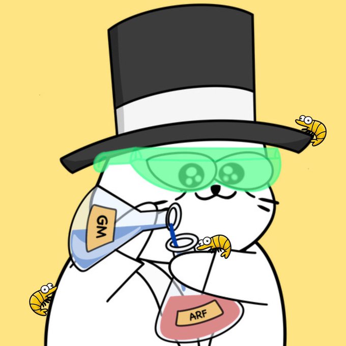 A cartoon drawing of a white cat-like character wearing a black top hat and green sunglasses, pouring blue liquid labeled 'GM' into a beaker with red liquid labeled 'ARF', accompanied by small yellow shrimp-like creatures.
