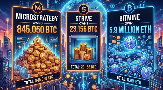 An infographic displaying cryptocurrency holdings with panels labeled 'MICROSTRATEGY OWNS 845,050 BTC', 'STRIVE OWNS 23,156 BTC', and 'BITMINE OWNS 5.9 MILLION ETH', featuring stacks of Bitcoin and Ethereum coins.