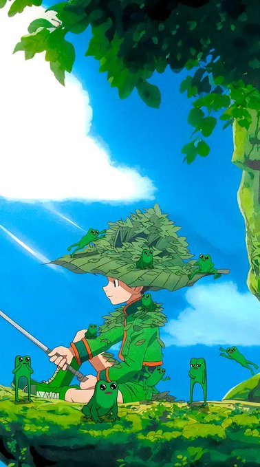 A colorful anime-style illustration of a character wearing a leaf-covered hat and green outfit sitting in a lush forest surrounded by green frogs under a bright blue sky.