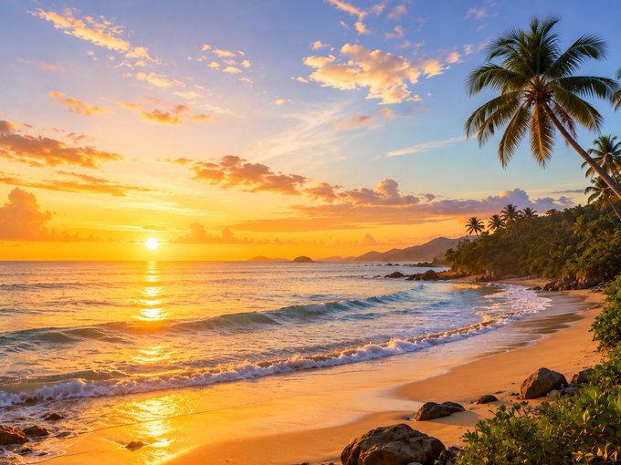 A vibrant tropical beach scene at sunset, with golden light reflecting on gentle waves rolling onto a sandy shore lined with palm trees.
