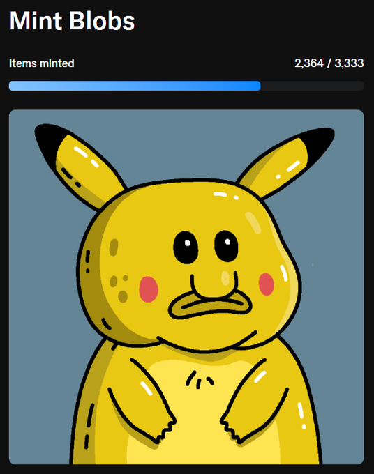 An NFT minting page for 'Mint Blobs' showing 2,364/3,333 items minted, featuring a cartoon illustration of a yellow Pikachu-like creature.