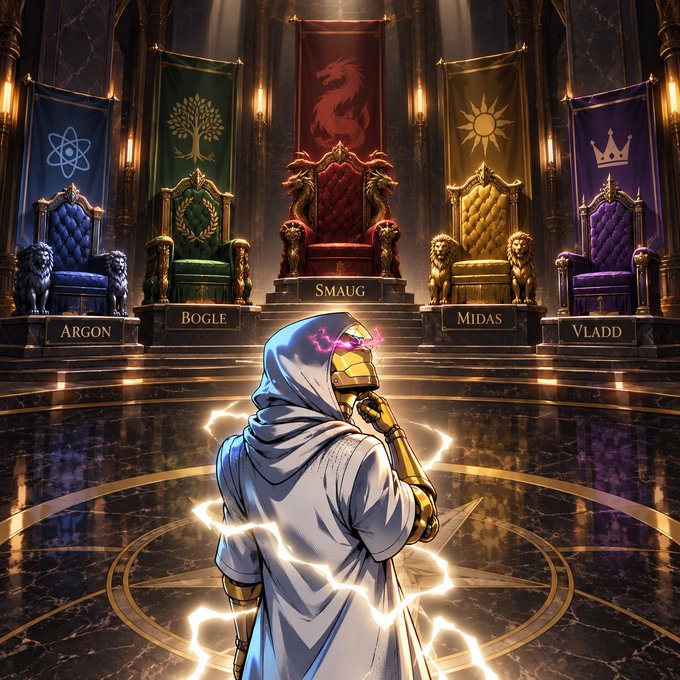 A fantasy illustration showing a hooded figure with a golden mask and mechanical arm surrounded by electricity, facing five ornate thrones labeled 'Argon', 'Bogle', 'Smaug', 'Midas', and 'Vladd', each with a different banner.