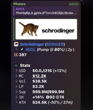 Phanes crypto tracker screenshot showing the 'Schrödinger ($SDINGER)' meme token with stats including market cap of $12.2K and price $0.1216.
