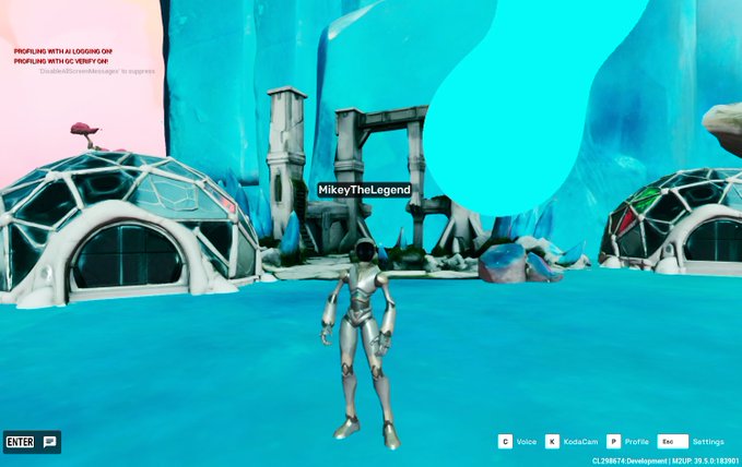 A screenshot from a video game lobby (Fortnite) showing a metallic character named 'MikeyTheLegend' on a blue map, with a message: 'PROFILING WITH AN AI LOGGING ON PROFILING WITH GC VENEY ON'.