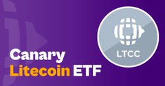A purple promotional graphic for 'Canary Litecoin ETF' featuring the LTCC logo.
