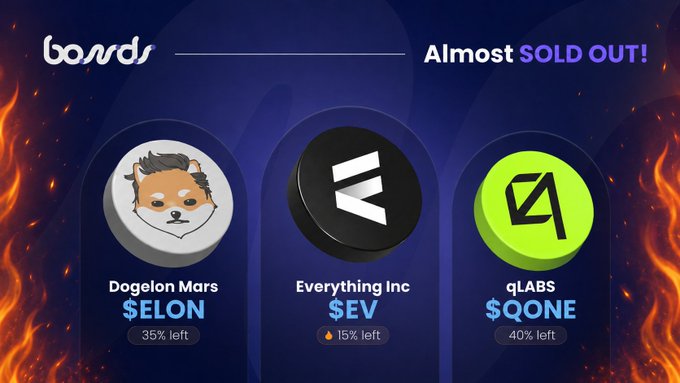 The image shows a poster for bonds that has three different logos, including an apple logo, a dog logo, and a yellow logo with the number four on it. The text on the poster indicates that the bonds are almost sold out, and there is a sale going on. The poster also includes information about the bond offerings from Dogelon Mars, QONE by @qlabsofficial, and EV by @Everything Inc., which are currently available for purchase.
