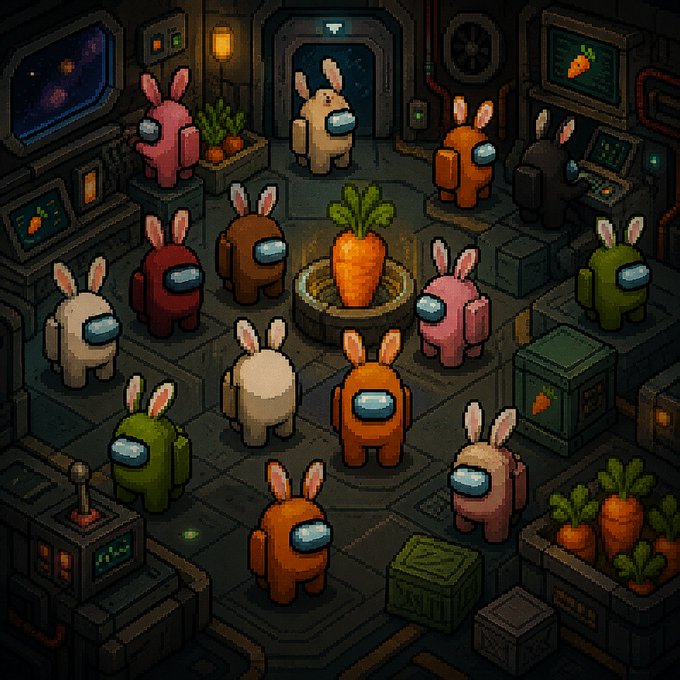 A pixel-art scene depicts multiple Among Us crewmates wearing bunny ears, gathered in a dimly lit spaceship room with crates of carrots and a giant carrot centerpiece, while one character lurks in the shadows near the back—visually representing the social deduction game's tension as players search for the imposter hiding among seemingly harmless-looking crewmates.