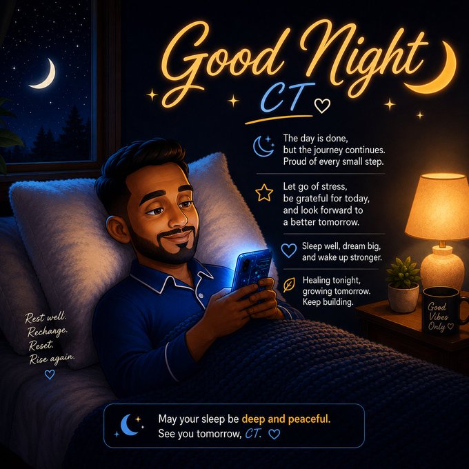 An illustrated "Good Night CT" graphic featuring a smiling man in blue pajamas looking at his phone in bed, surrounded by motivational text like "The day is done, but the journey continues" and "May your sleep be deep and peaceful."