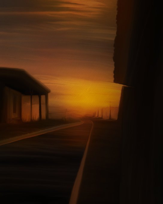 A moody, digital illustration of a road curving into the distance toward a glowing orange sunset, silhouetted by a building on the left and a tall structure on the right.