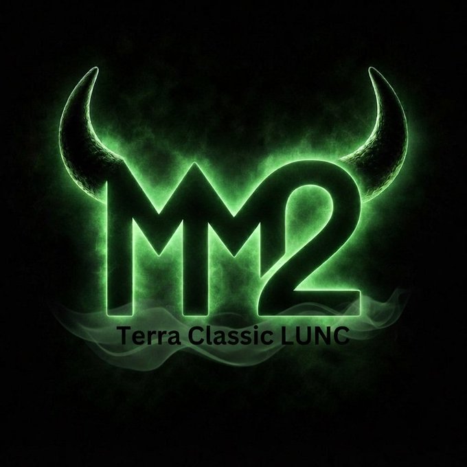 A glowing green neon logo with horns reading 'M2' and 'Terra Classic LUNC' against a dark smoky background.