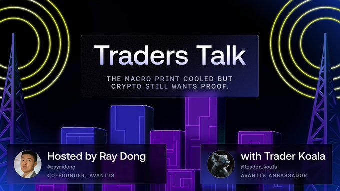 A 'Traders Talk' promotional graphic featuring a neon cityscape, broadcasting antennas, and host credits for 'Ray Dong, Co-Founder, Avantis' alongside 'Trader Koala, Avantis Ambassador.'