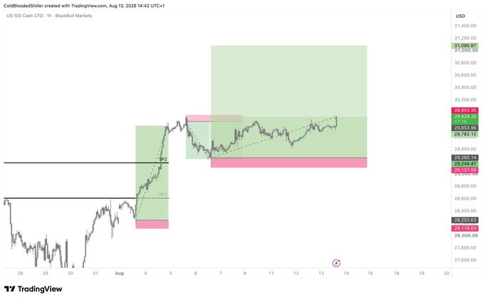 A TradingView 1-hour US100 Cash CFD chart showing price action testing the $29,953 resistance zone with several supply/demand and take-profit markers plotted, supporting the post's bullish sentiment that price is ready to break above $30k toward new all-time highs.