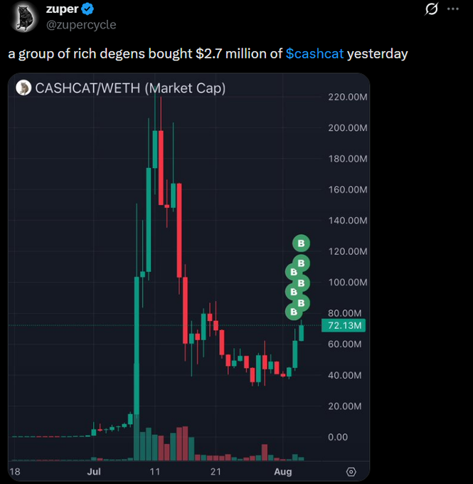 A screenshot of a tweet from @zupercycle with the text 'a group of rich degens bought $2.7 million of $cashcat yesterday', accompanied by a price chart for CASHCAT/WETH showing a market cap spike.