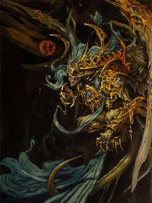 A dark, intricate painting of an ornate golden-armored skeletal warrior or demon with flowing teal accents and bat-like wings against a black background.
