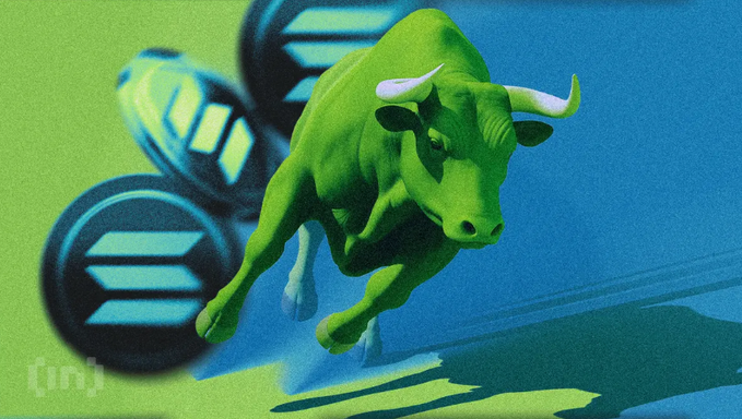 A stylized image of a green bull charging forward against a blue and green gradient background, with Solana (SOL) coin logos in the background and a "[ny]" watermark.