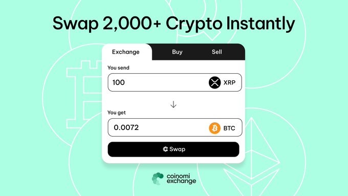 A promotional graphic for Coinomi Exchange titled 'Swap 2,000+ Crypto Instantly' showing an exchange interface converting 100 XRP to 0.0072 BTC.