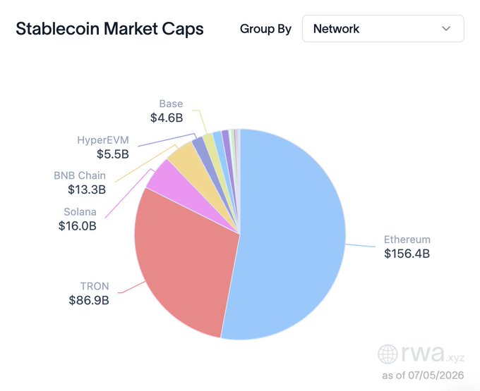 A pie chart titled "Stablecoin Market Caps" (grouped by Network, as of 07/05/2026) breaks down the $295B stablecoin market by blockchain, with Ethereum dominating at $156.4B, followed by TRON ($86.9B), Solana ($16.0B), BNB Chain ($13.3B), HyperEVM ($5.5B), and Base ($4.6B), visually illustrating the multi-chain fragmentation of programmable money that the post highlights as the infrastructure gap Newton aims to address.