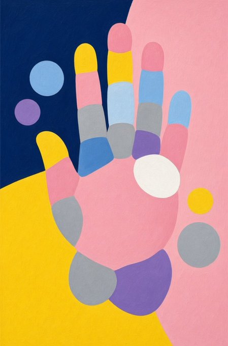 A colorful abstract painting featuring a pink hand with multicolored segments against blocks of navy blue, yellow, and pink.