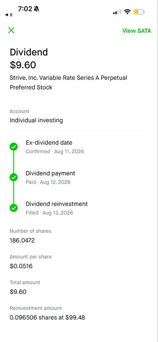 A Robinhood dividend screen showing a $9.60 dividend payment for Strive, Inc. Variable Rate Series A Perpetual Preferred Stock (SATA) with 186.0472 shares.