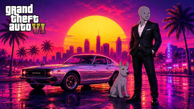 Stylized Grand Theft Auto VI promotional artwork featuring a masked man in a suit, a Datsun car, and a dog against a vibrant sunset cityscape with palm trees.