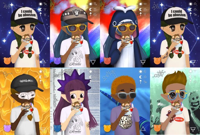 Eight cartoon-style avatars arranged in a grid, featuring various characters with different accessories like hats with 'I could be abusive', 'WAGMI', and 'ERS' text, holding a cup with a baby inside.