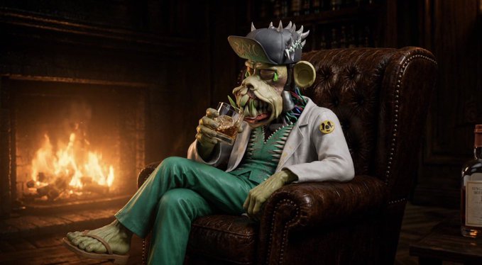 A grotesque green-skinned character wearing a crown, sunglasses, a white doctor's coat, and green scrubs sits in a brown leather armchair drinking from a glass, with a fireplace burning in the background.