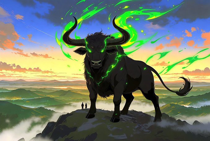 An anime-style illustration of a massive black bull with glowing green eyes and green flames emanating from its body, standing on a mountain peak with two small human figures in the distance.