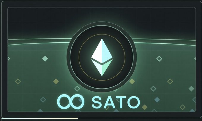 The image displays a stylized Ethereum logo with the text "∞ SATO" beneath it on a dark teal background. This appears to celebrate Ethereum's bullish performance, referencing the 0x829f...7f09 token surge mentioned in the post alongside the user's hopeful prayers for a crypto market bull run.