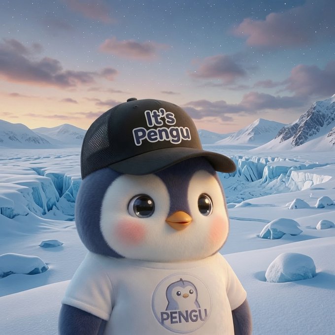 A cute cartoon penguin wearing a black cap reading "It's Pengu" and a white "PENGU" t-shirt stands in a snowy Arctic landscape under a starry sunset sky, visually representing the $PENGU token referenced in the post.