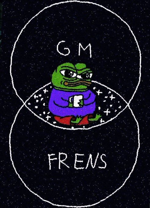 A hand-drawn style image on a dark starry backdrop showing the Pepe the Frog character holding a coffee mug, with 'GM' above and 'FRENS' below in two circles.