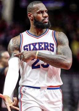 LeBron James is pictured wearing a Philadelphia 76ers jersey with the number 23, visually reinforcing the breaking news of his signing with the team that anchors the bold betting claim of a potential championship payout.