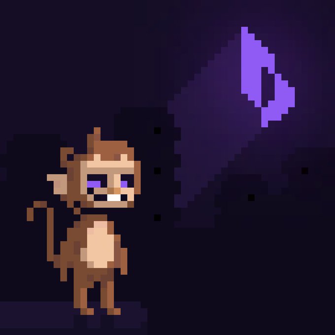A pixel art monkey with glowing purple eyes stands against a dark purple background, reaching toward a floating purple cryptocurrency symbol. The imagery aligns with the post's reference to minting NFTs on Blever via Robinhood, evoking a playful, Web3 "ape" aesthetic often associated with crypto collectibles.