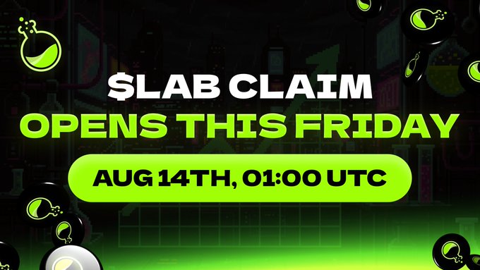 A promotional graphic with green and black text reading '$LAB CLAIM OPENS THIS FRIDAY AUG 14TH, 01:00 UTC' set against a dark background with a potion bottle logo and various bubbles.