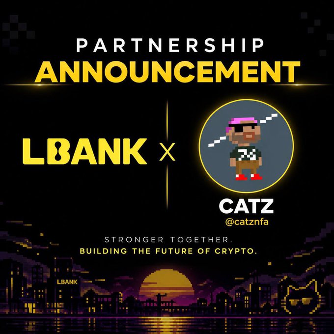 A partnership announcement graphic between LBANK and 'CATZ' (@catznfa), featuring pixel art imagery and the tagline 'Stronger Together. Building the Future of Crypto.'