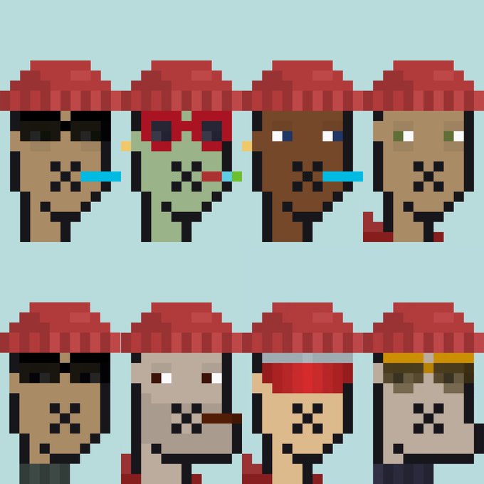 A pixel art image displays eight profile-style characters in two rows, all wearing identical red beanies with varying skin tones, facial features, and accessories like sunglasses and mustaches. The image relates to the post's teasing dismissal of "pink beanies" as the best XPunk NFT collection, since all depicted characters share the same red beanie style—mocking the community's fixation on a particular trait as the defining feature of the collection.