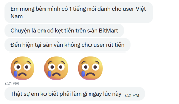 A screenshot of a Vietnamese chat shows user messages reporting difficulty withdrawing funds on BitMart, including the statement "Em mong bên mình có 1 tiếng nói dành cho user Việt Nam" (I hope our side has a voice for Vietnamese users) and "Thật sự em ko biết phải làm gì ngay lúc này" (I really don't know what to do right now), alongside three crying emojis. The image illustrates the article's theme of Vietnamese users being unable to withdraw money from BitMart following the project's controversy.