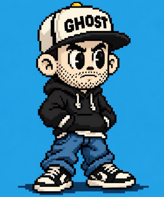A pixel art cartoon character with stubble wearing a cap labeled 'GHOST', a black hoodie, jeans, and sneakers against a blue background.