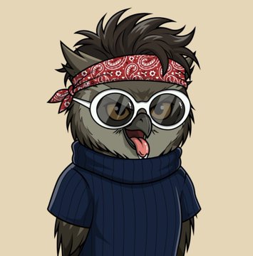 A cartoon owl character wearing white-rimmed sunglasses, a red paisley bandana, and a dark blue turtleneck sweater sticks out its tongue playfully, fitting the post's announcement about snagging Gen 2 Owltopia_sol NFTs with "insane benefits."