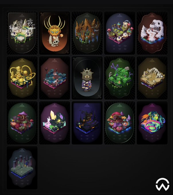A collection of fantasy-themed isometric diorama illustrations displayed in card frames against a dark background, featuring various creatures, landscapes, and gothic scenes.