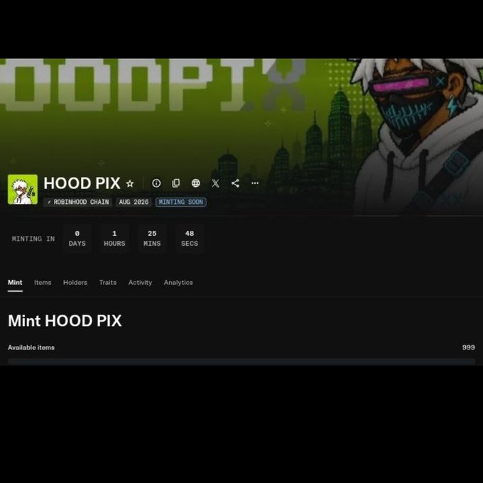 A countdown page for the 'HOOD PIX' NFT minting on the Robinhood Chain, scheduled for August 2026, showing 0 days, 1 hour, 25 minutes, and 48 seconds remaining.