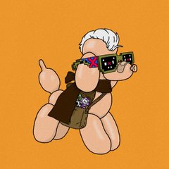 An animated character with white hair and pixelated sunglasses appearing to fall or float against a solid orange background.