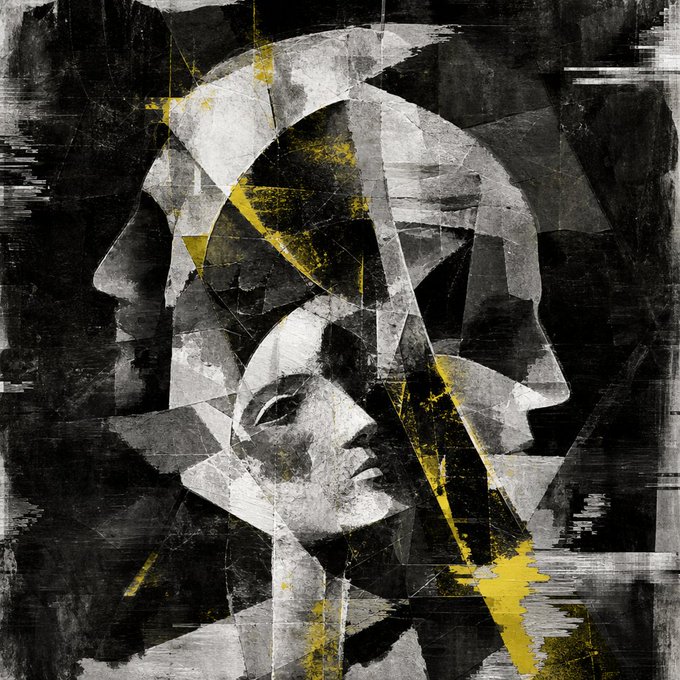 A black, white, and yellow abstract digital artwork showing a fragmented, cubist-style profile of a face with distressed textures and scratch marks.