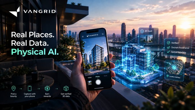 A VANGRID advertisement promotes 'Real Places. Real Data. Physical AI.' showing a hand holding a smartphone that scans a 3D building model, highlighting features like 'Verified', 'Onchain Provenance', and 'Spatial Metadata'.