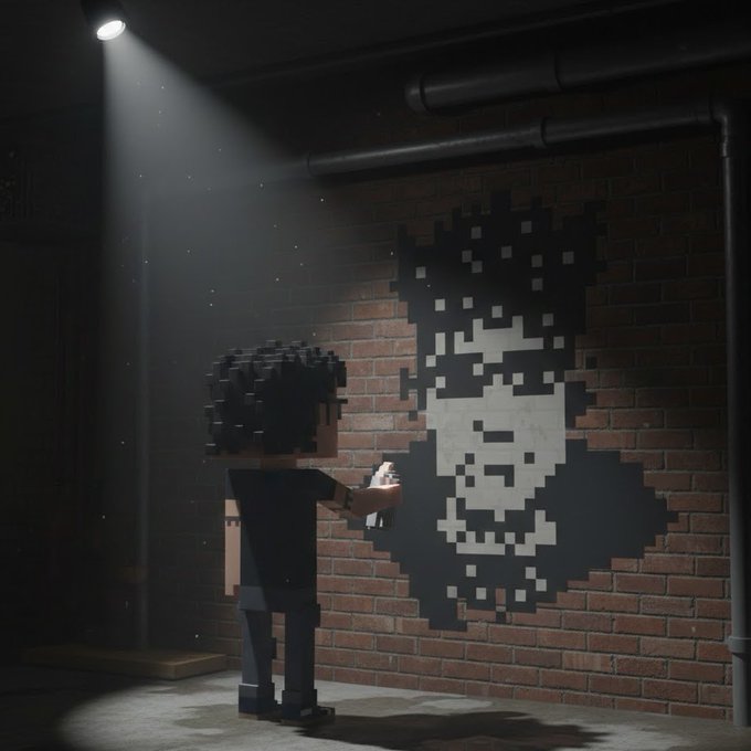 A voxel-style character in a dark alley uses a handheld device to spray-paint a large pixelated portrait of a face onto a brick wall under a single spotlight.