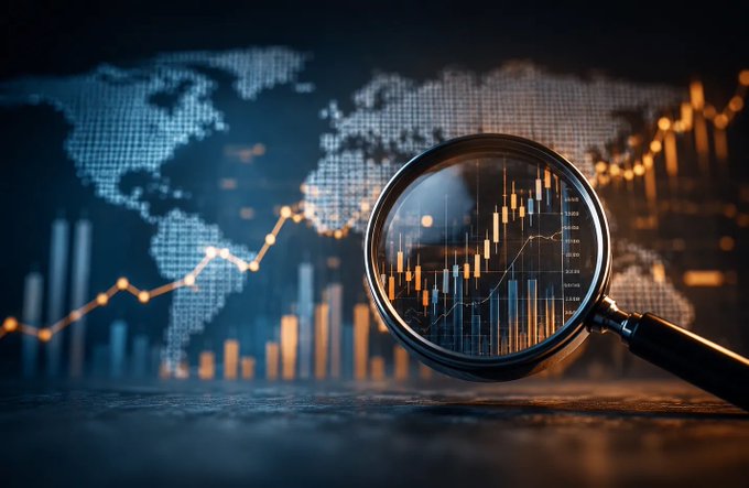 A magnifying glass examines detailed stock market candlestick charts overlaid on a digital world map, symbolizing the scrutiny required when analyzing AI-generated investment narratives for global assets like Bitcoin, gold, and tech stocks.